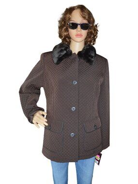 New Gallery Brown Quilted Winter Coat Faux Fur Collar Women's Size M Outerwear